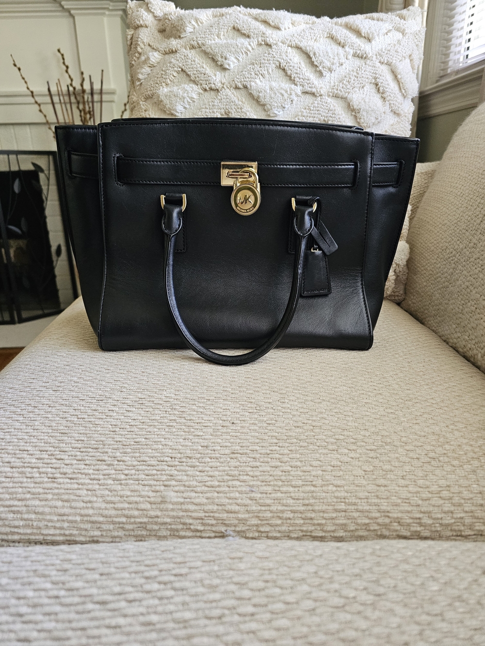 Michael Kors Black Leather Tote with Gold Hardware